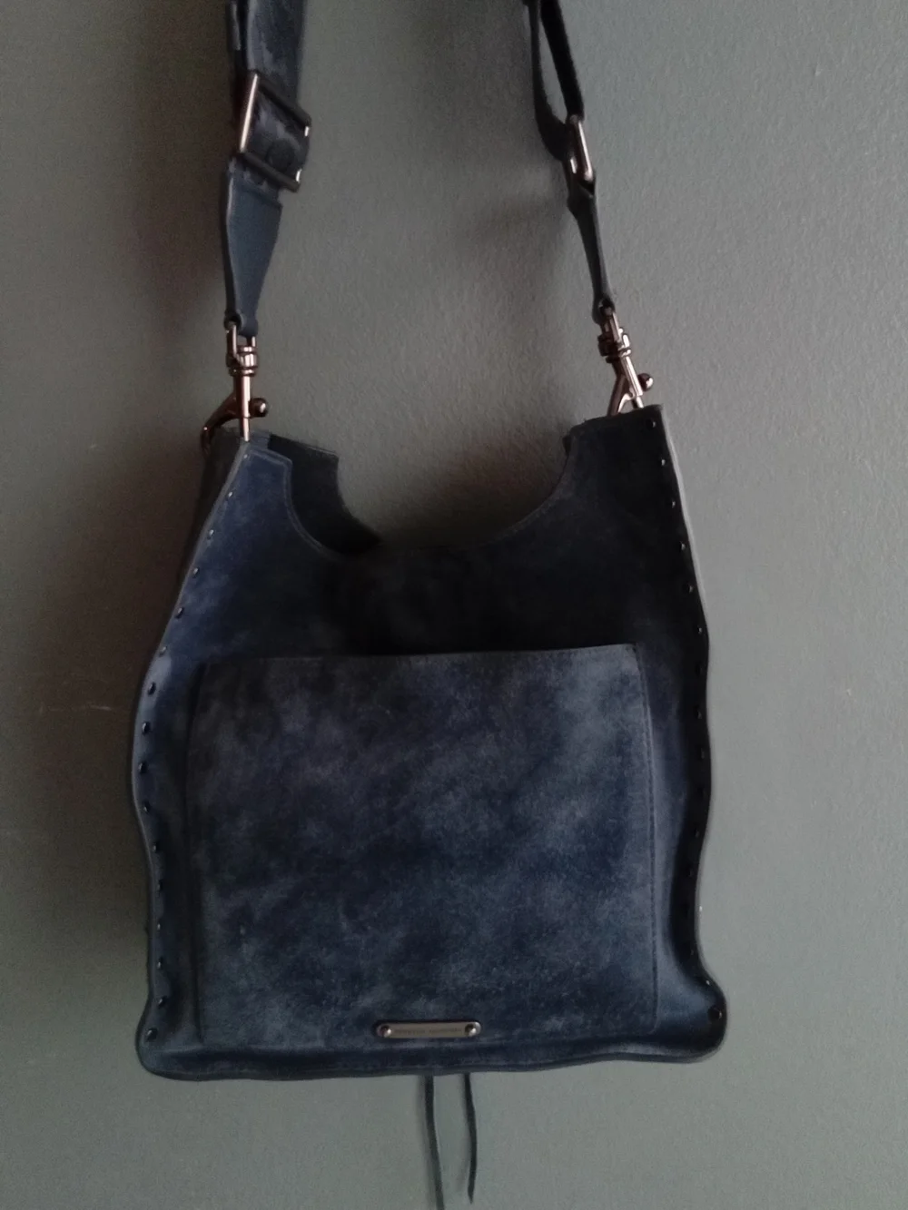 Rebecca Minkoff‎ Navy Blue Suede Studded Hobo Crossbody Bag with Guitar Strap